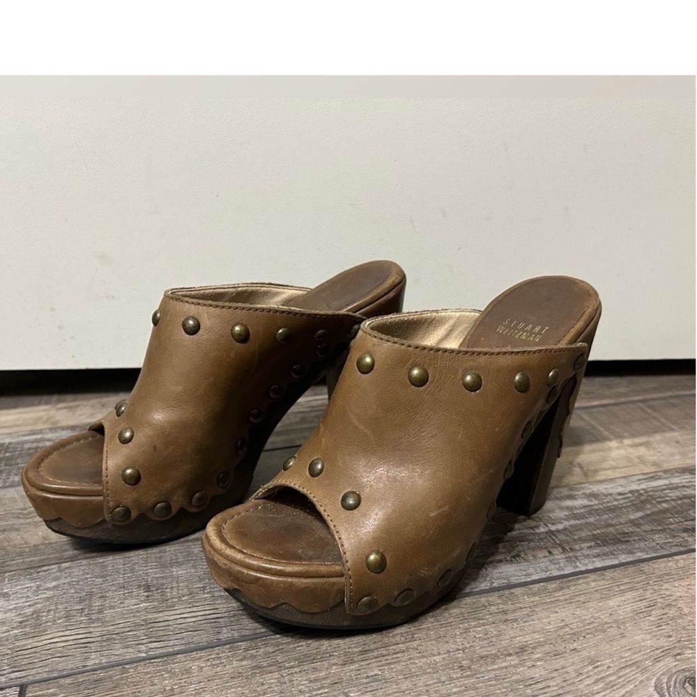 Stuart Weitzman Tan Leather Studded Mules